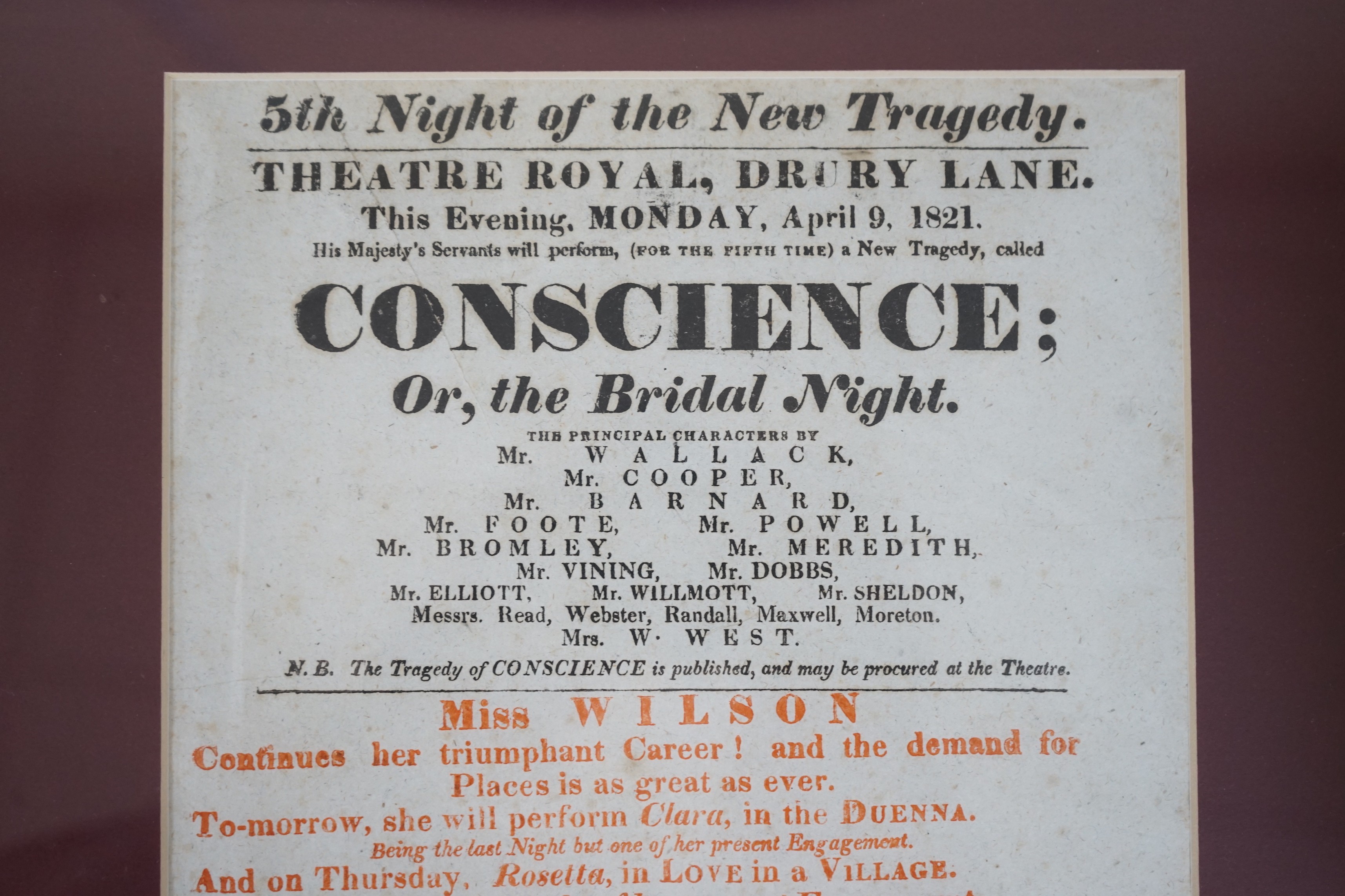 'Conscience; Or The Bridal Night’, Theatre Royal, Drury Lane, April 9, 1821, a framed theatre billboard poster, 32x18cm excl frame